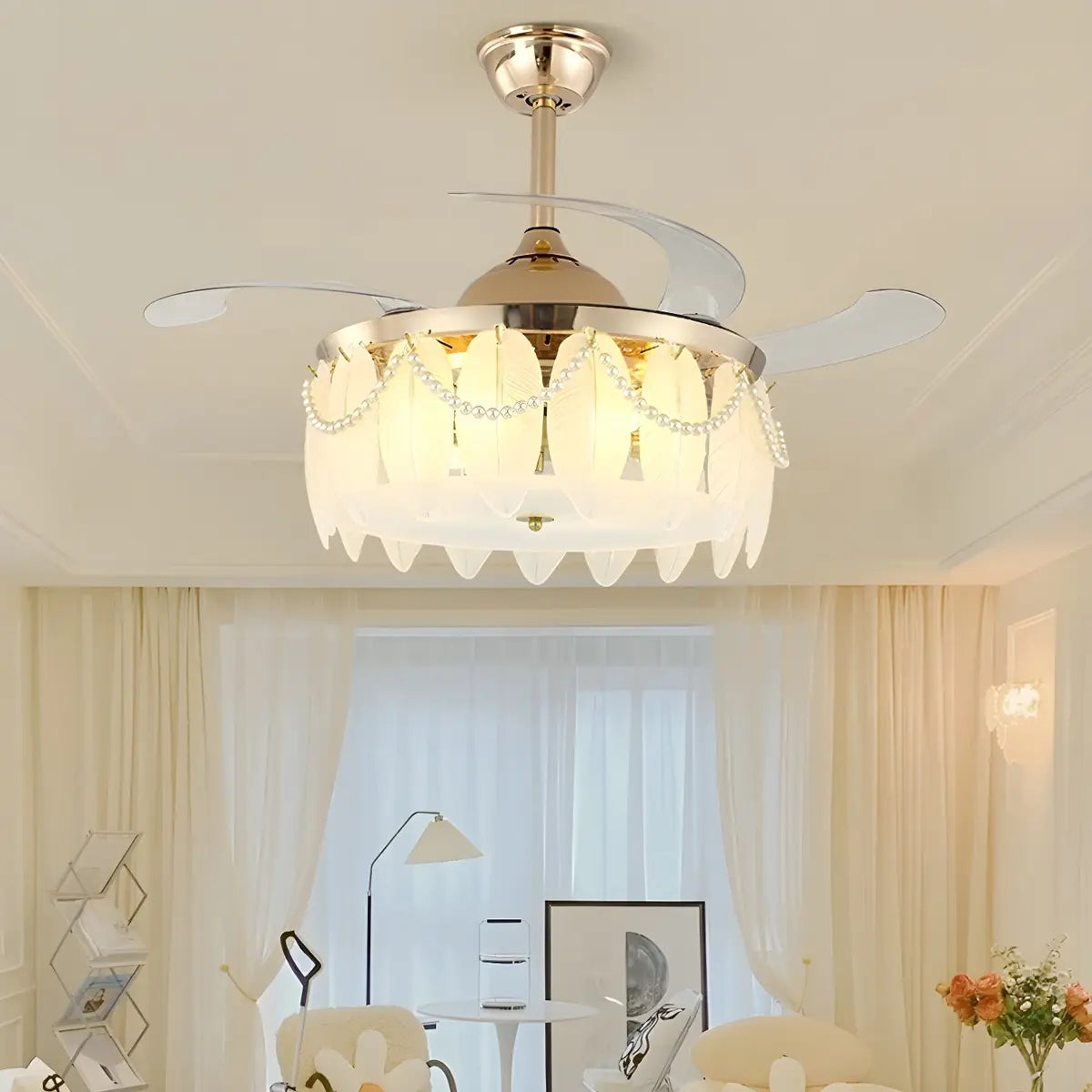 Elegant Shell Decor Round Ceiling Fan with LED Light Image - 3