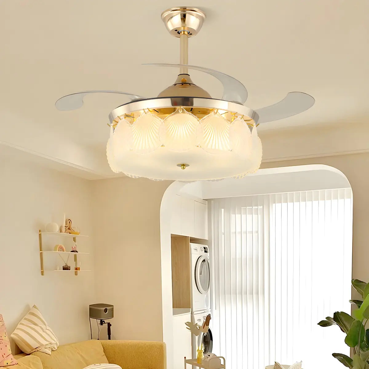 Elegant Shell Decor Round Ceiling Fan with LED Light Image - 5