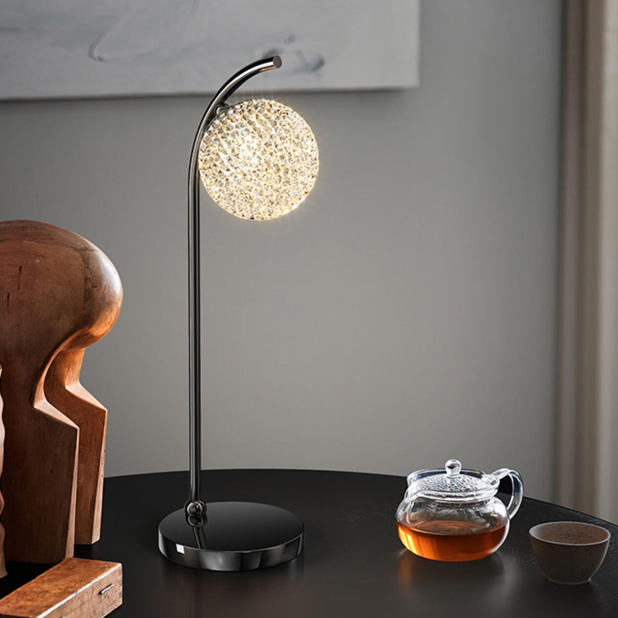 Luxurious Sparkling White Crystal Ball Arc Table Lamp Image - 10