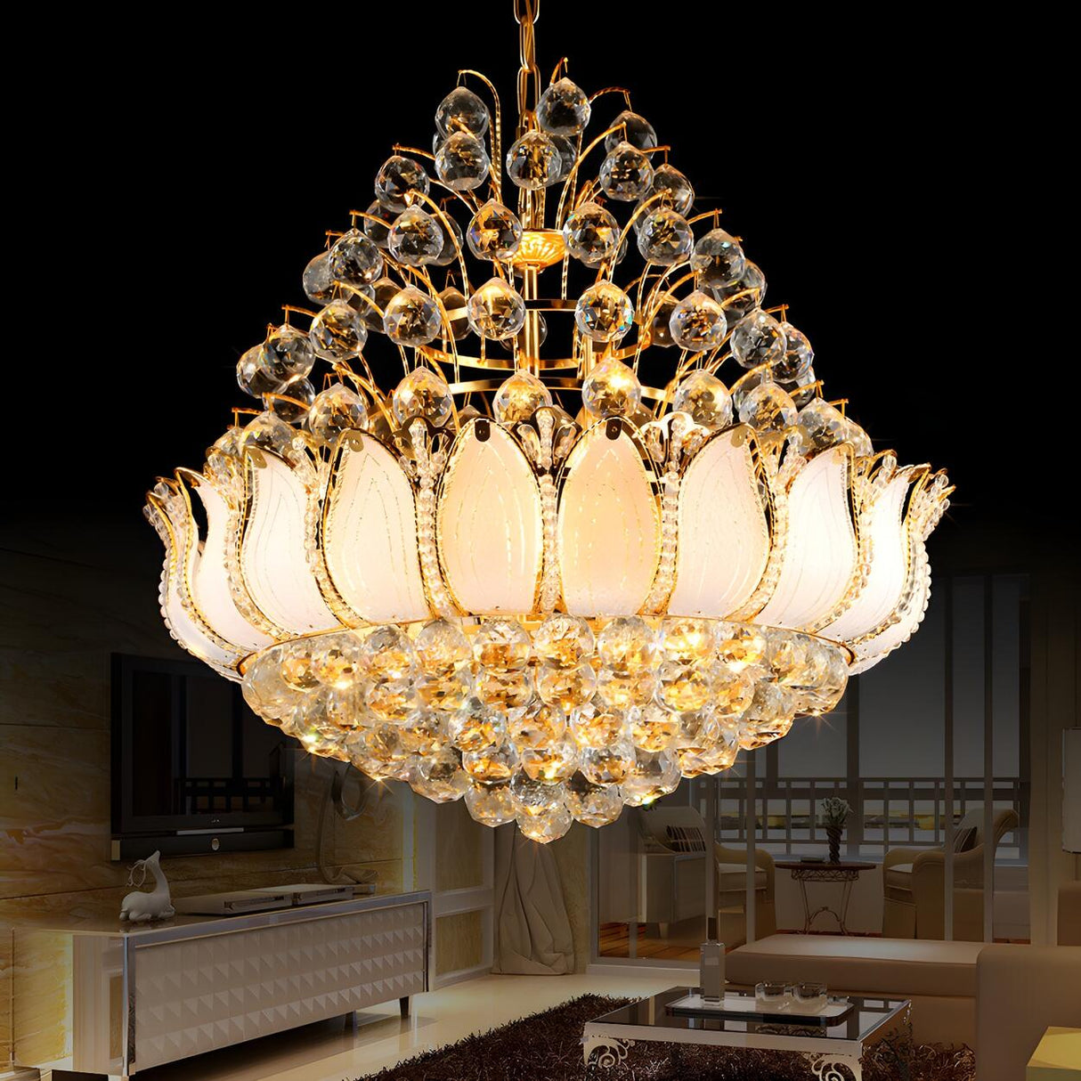 Luxurious Tiered Lotus Crystal Dining Room Chandelier Image - 1