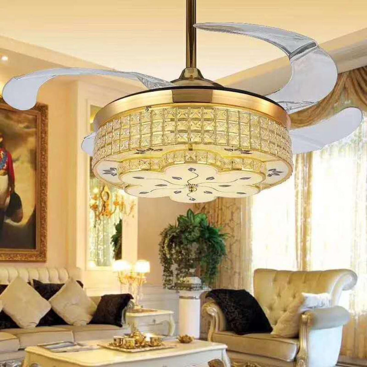 Luxury 3 Gear Crystal Retractable Chandelier Fan Light Image - 6