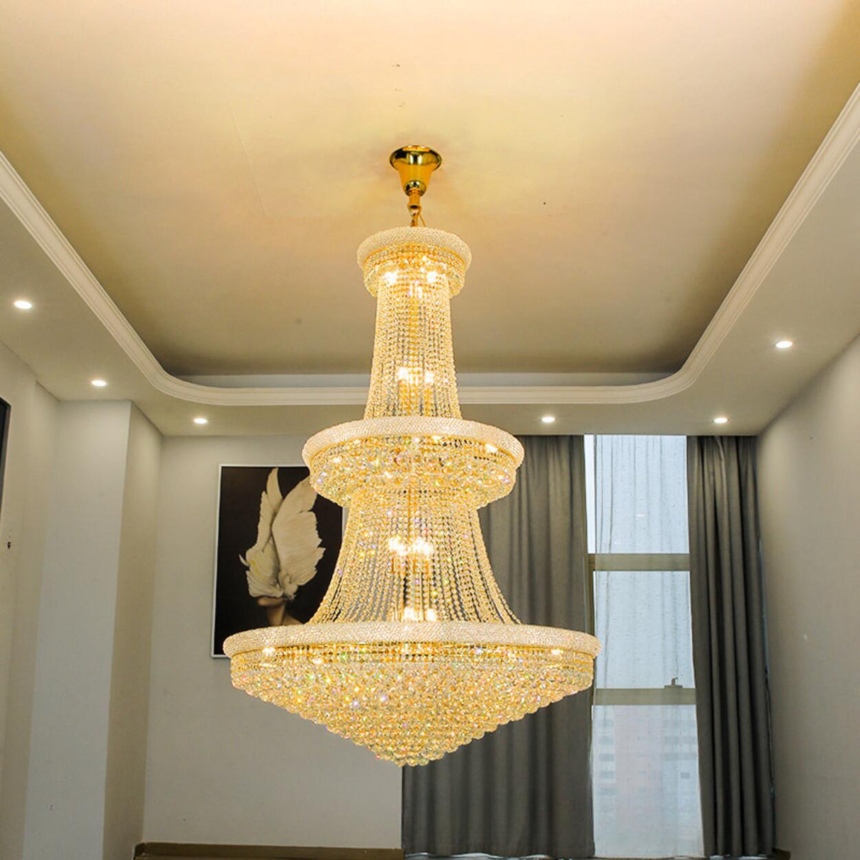 Luxury 3-Tier Gold Crystal Chandelier Adjustable Height Image - 3