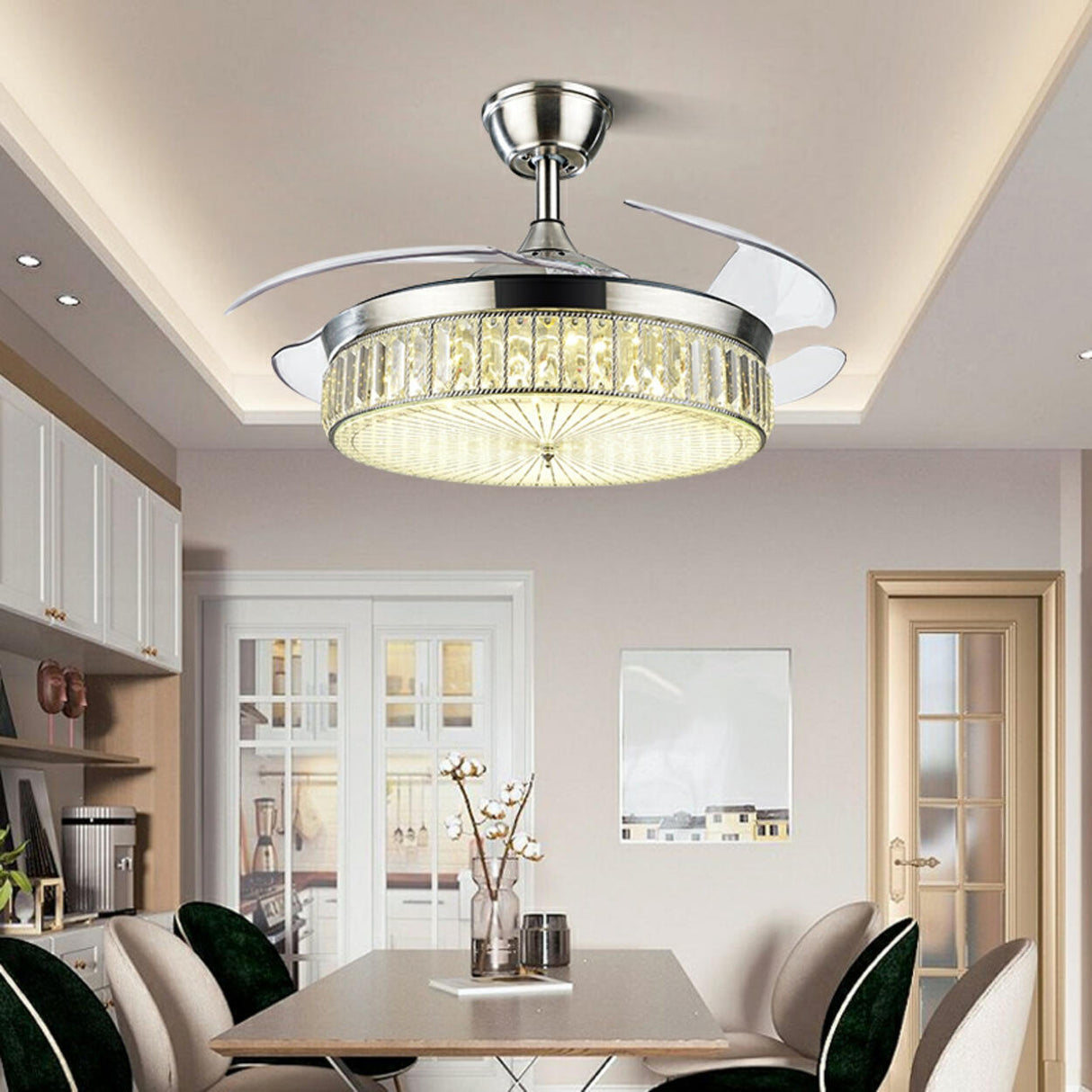 Luxury 5 Blade Modern Crystal Round Ceiling Fan Light Image - 4