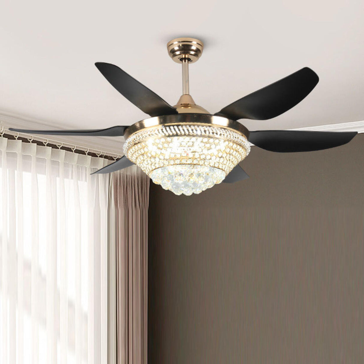 Luxury 6 Blade Crystal Bowl Remote Ceiling Fan Light Image - 7