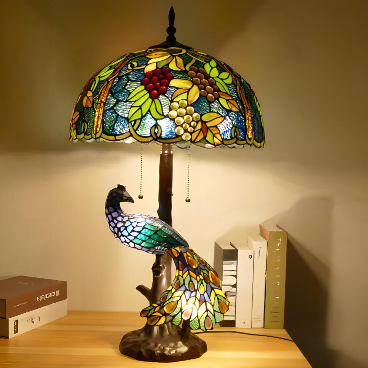 Luxury Art Deco Stained Glass Peacock Table Lamp Image - 10