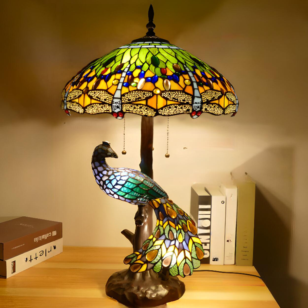 Luxury Art Deco Stained Glass Peacock Table Lamp Image - 3