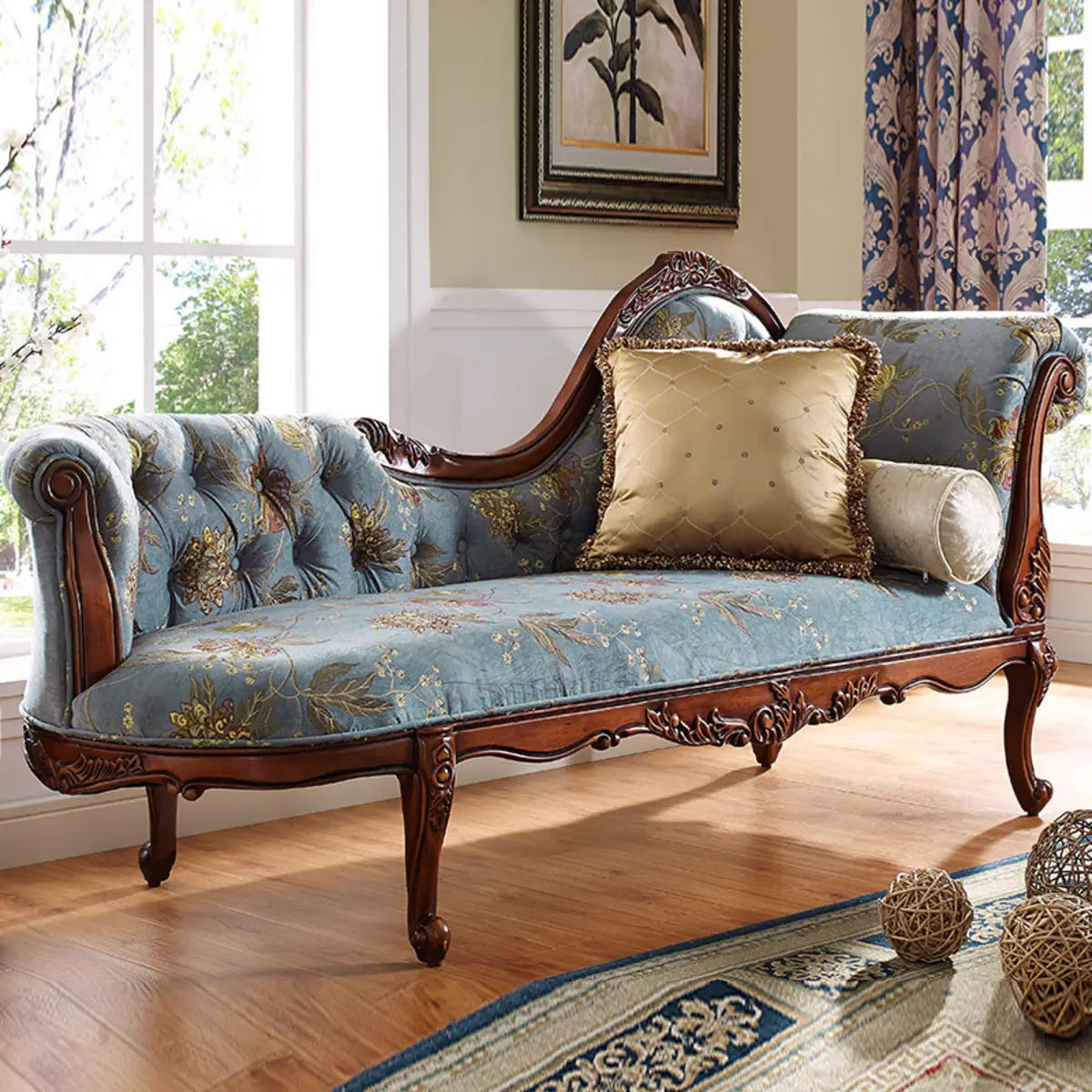 Luxury Blue Floral Classic Wood Reclining Chaise Lounge Image - 3