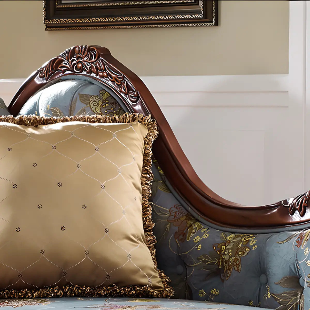 Luxury Blue Floral Classic Wood Reclining Chaise Lounge Image - 9