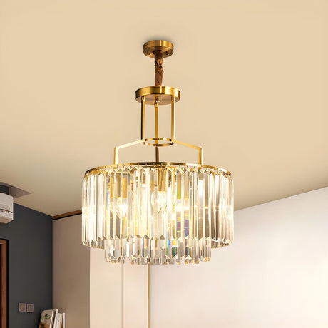 Luxury Brass Gold Prismatic Crystal Drum Chandelier Image - 1