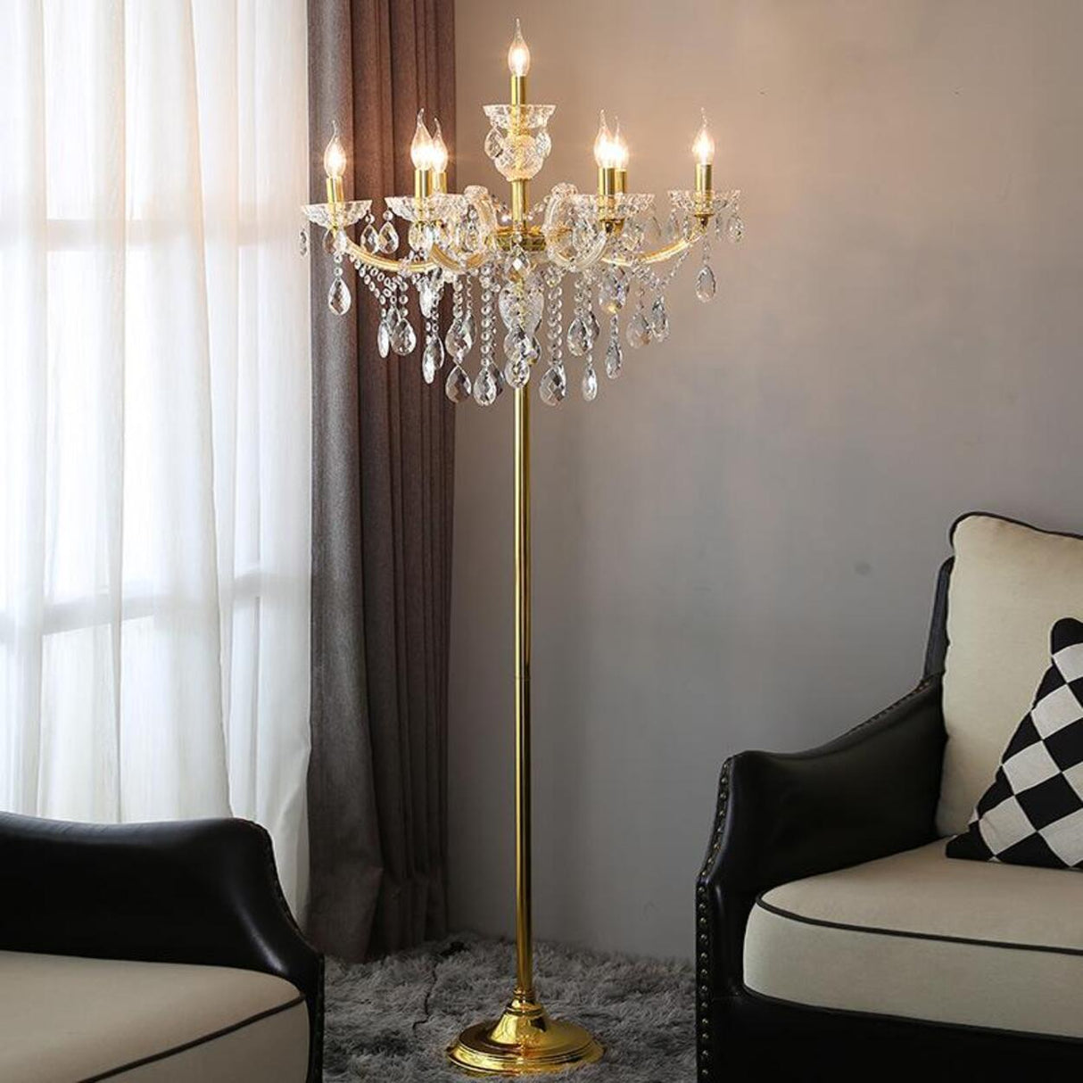 Luxury Candle Gold Crystal Chandelier Floor Lamp Image - 1