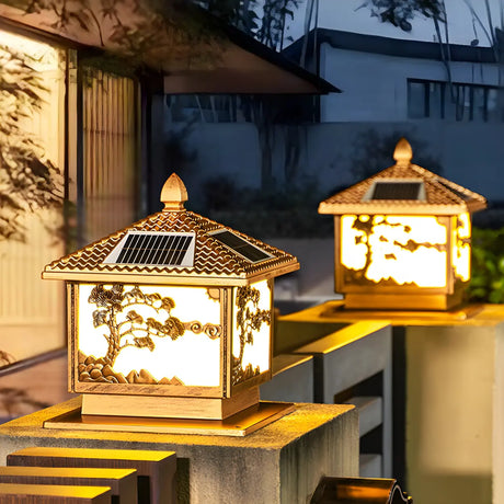 Luxury Carved Solar Lantern Outdoor Square Metal Light Image - 1