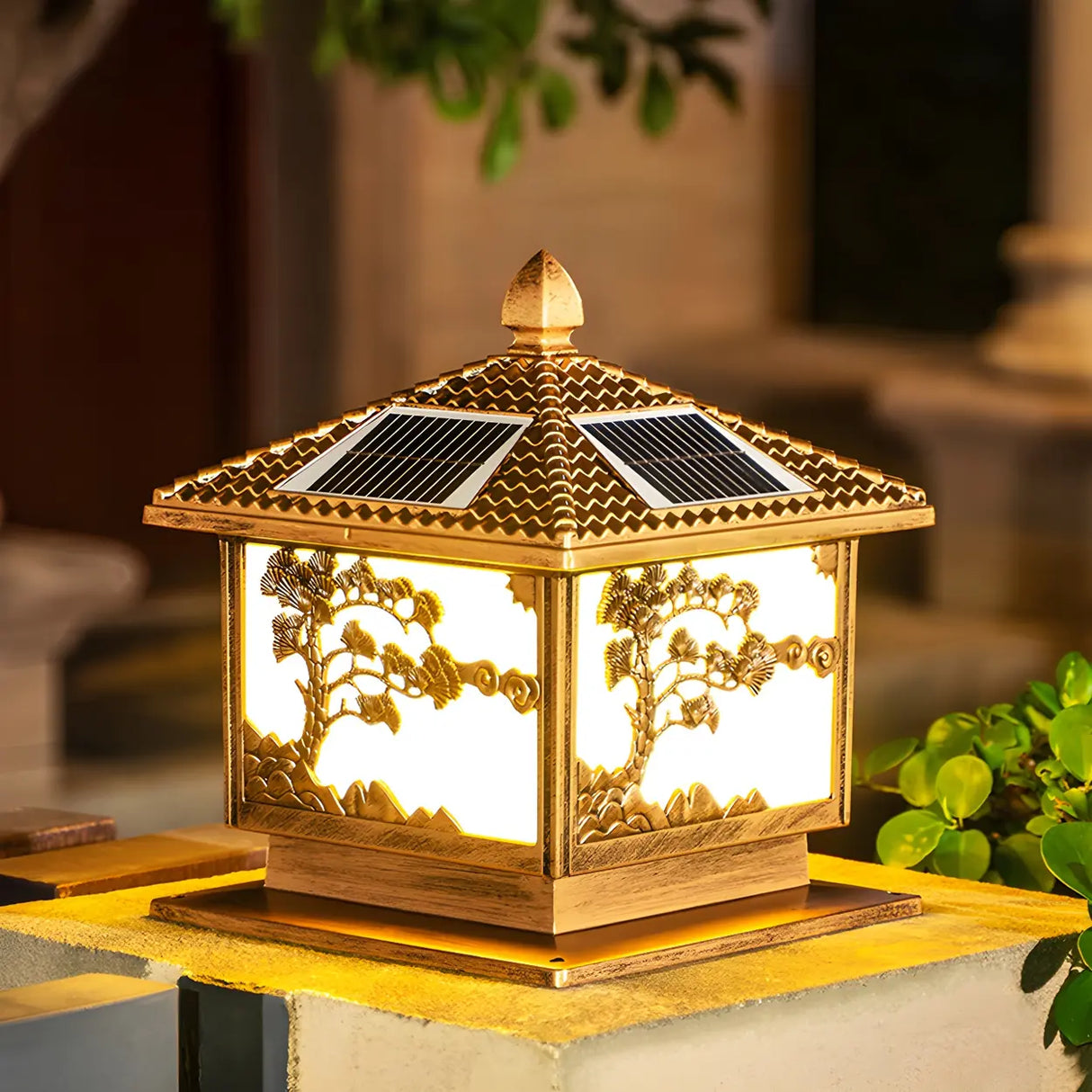 Luxury Carved Solar Lantern Outdoor Square Metal Light Image - 12