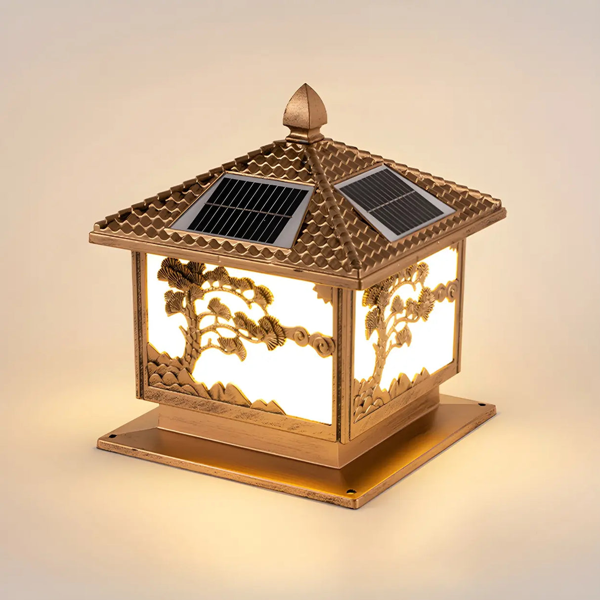 Luxury Carved Solar Lantern Outdoor Square Metal Light Image - 3