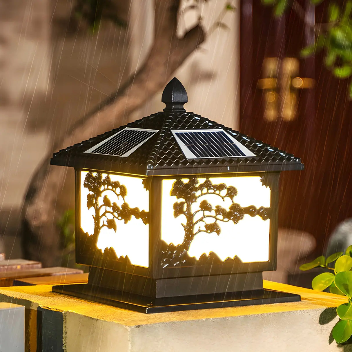 Luxury Carved Solar Lantern Outdoor Square Metal Light Image - 4