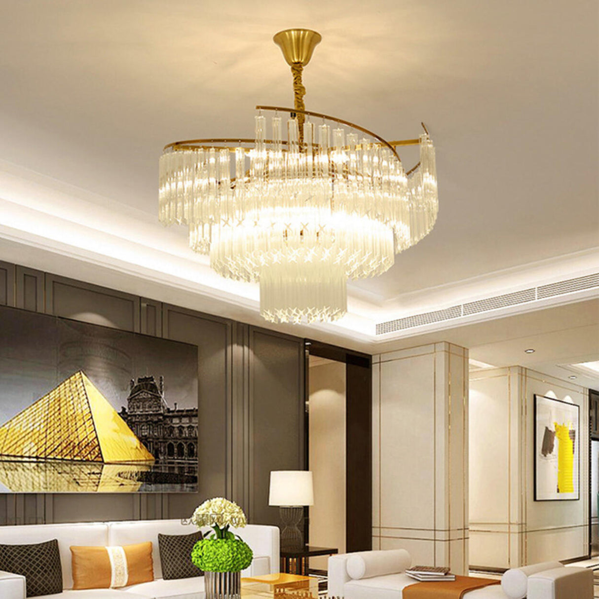 Luxury Contemporary Gold Tiered Crystal Chandelier Image - 2