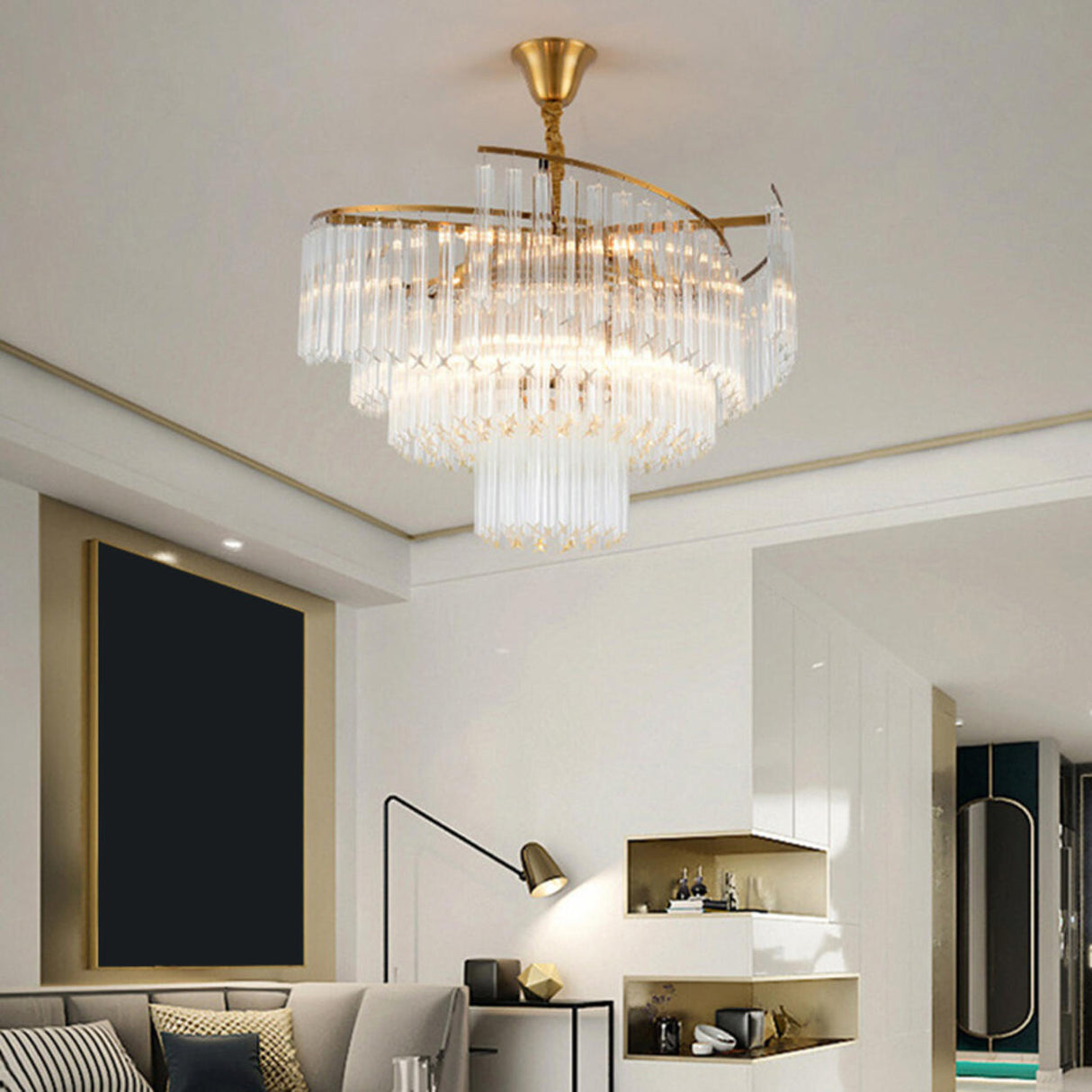 Luxury Contemporary Gold Tiered Crystal Chandelier Image - 3