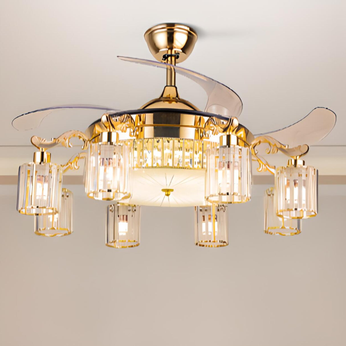 Luxury Crystal 3 Gear Retractable Chandelier Fan Light Image - 11