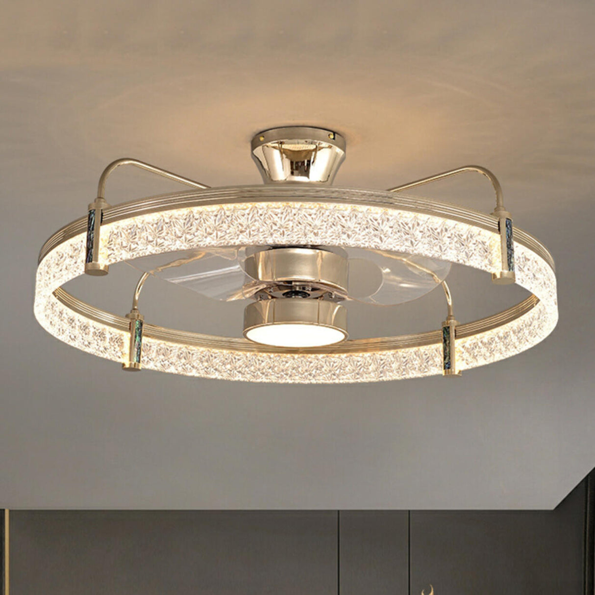 Luxury Crystal Semi-Flush Round Ceiling Fan with Light Image - 1