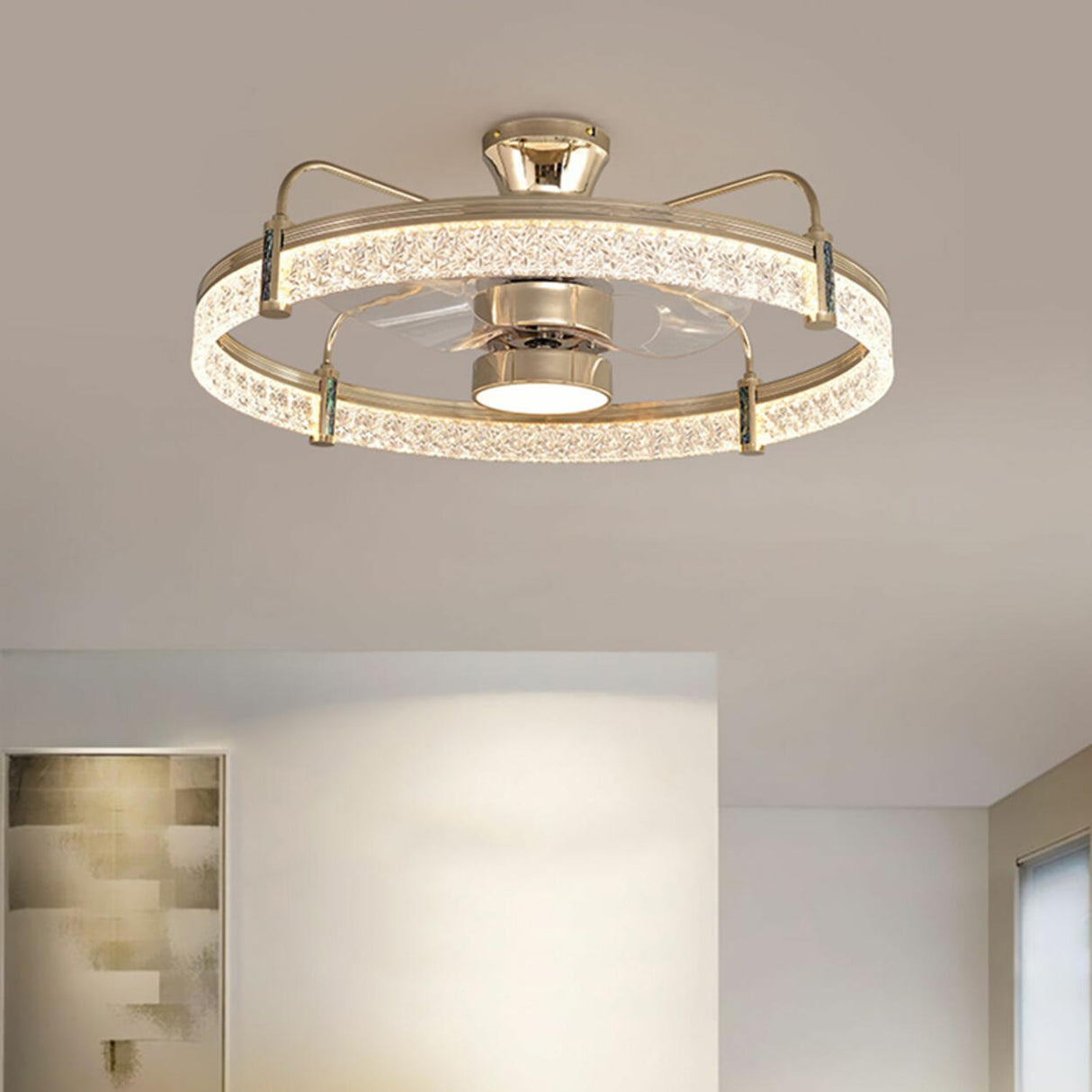 Luxury Crystal Semi-Flush Round Ceiling Fan with Light Image - 2