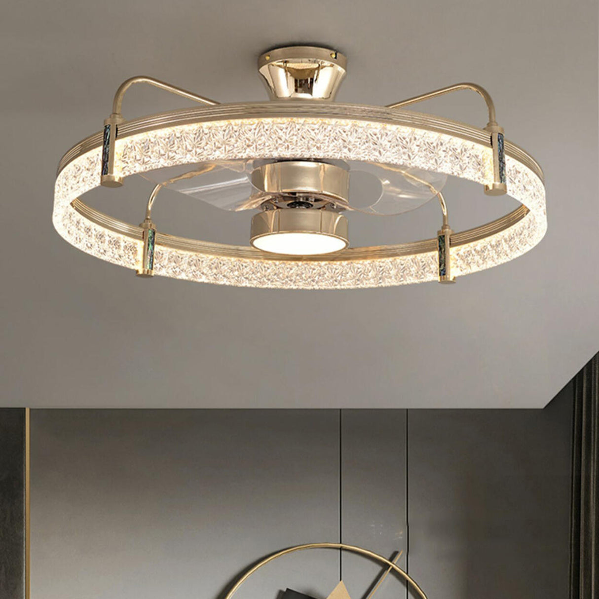 Luxury Crystal Semi-Flush Round Ceiling Fan with Light Image - 3