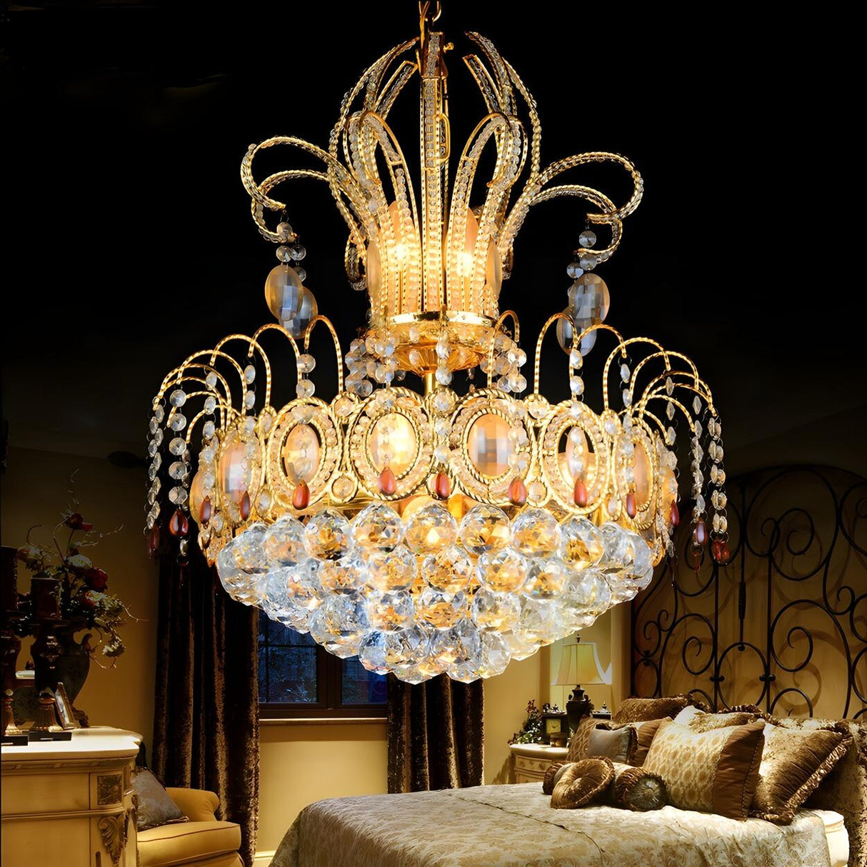 Luxury Dining Room Gold Crystal Teardrop Crown Chandelier Image - 2