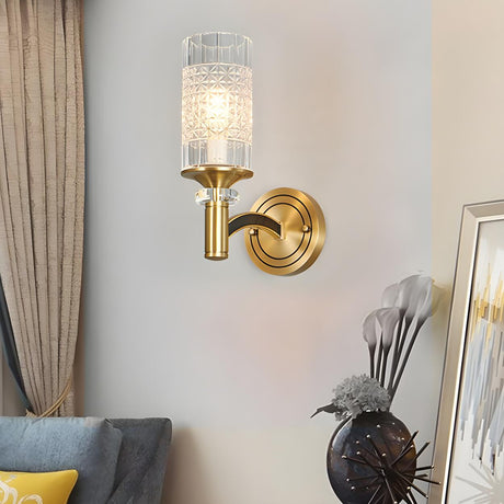 Luxury Etched Glass Shade Gold Cylinder Wall Sconce Image - 1