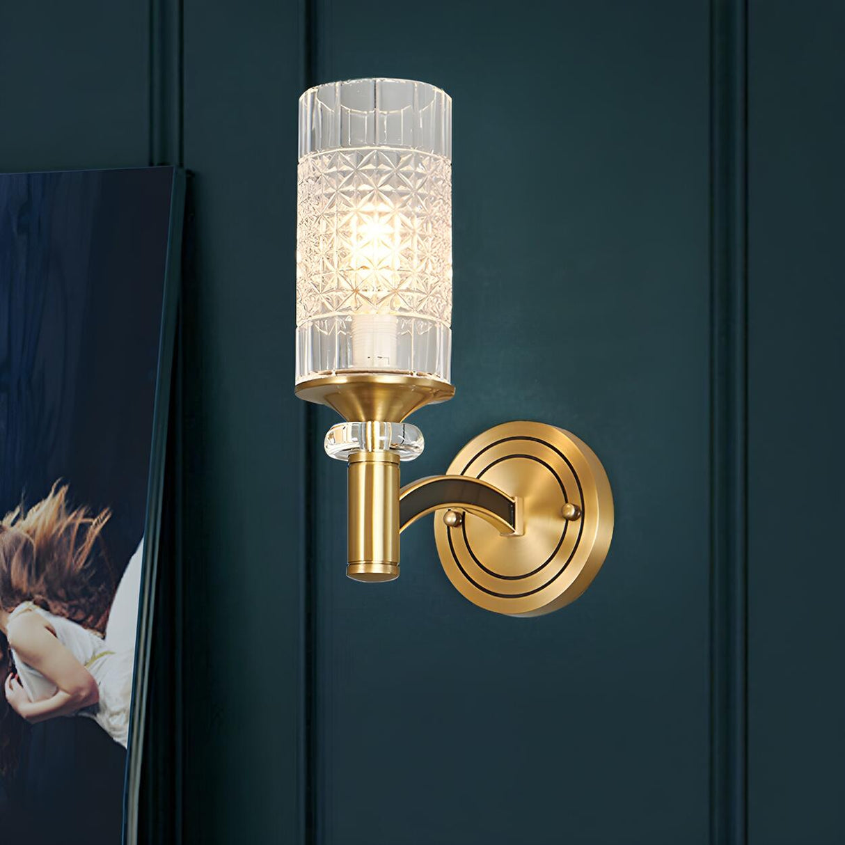 Luxury Etched Glass Shade Gold Cylinder Wall Sconce Image - 3