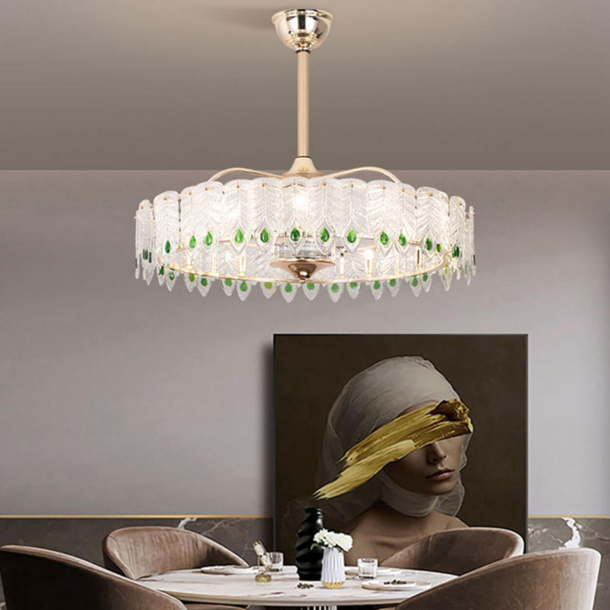 Luxury Feather 3 Blades Round Chandelier Fan with Light Image - 18