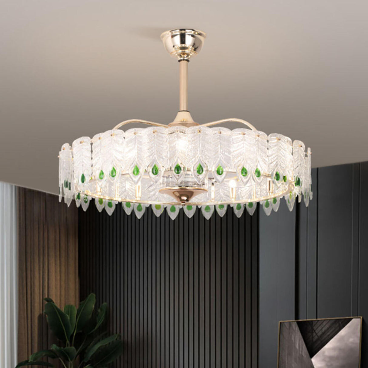 Luxury Feather 3 Blades Round Chandelier Fan with Light Image - 19