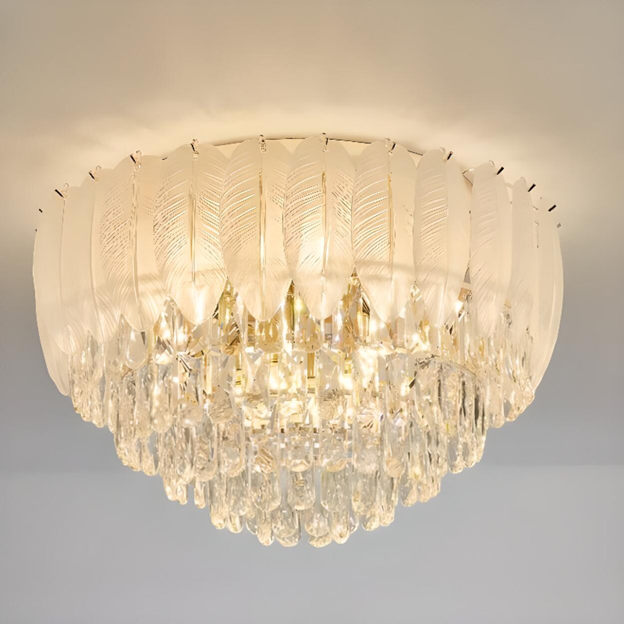 Luxury Feather Crystal Flush Mount Light Living Room Image - 2