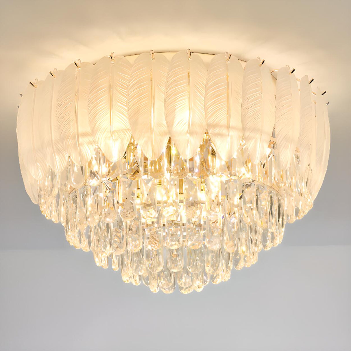 Luxury Feather Crystal Flush Mount Light Living Room Image - 9