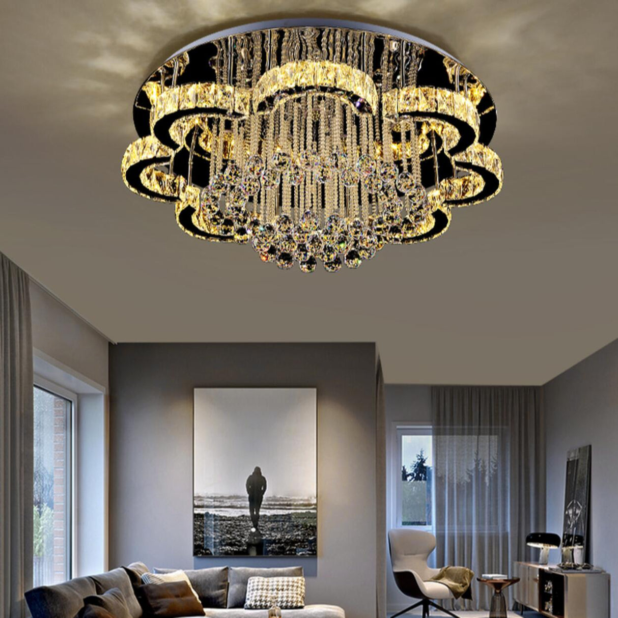 Luxury Flower Crystal Flush Mount Light Living Room Image - 7