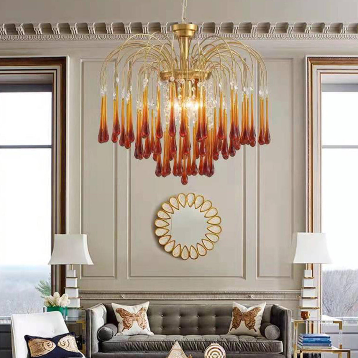 Luxury Gold Amber Glass Teardrop Cascading Chandelier Image - 1