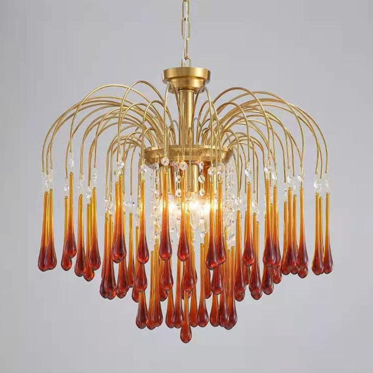 Luxury Gold Amber Glass Teardrop Cascading Chandelier Image - 11