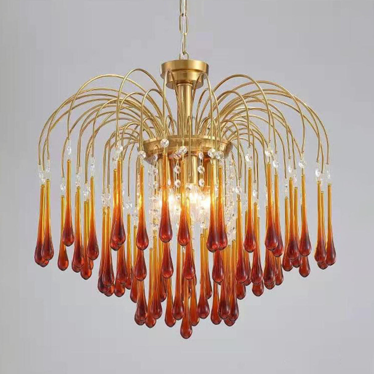 Luxury Gold Amber Glass Teardrop Cascading Chandelier Image - 12