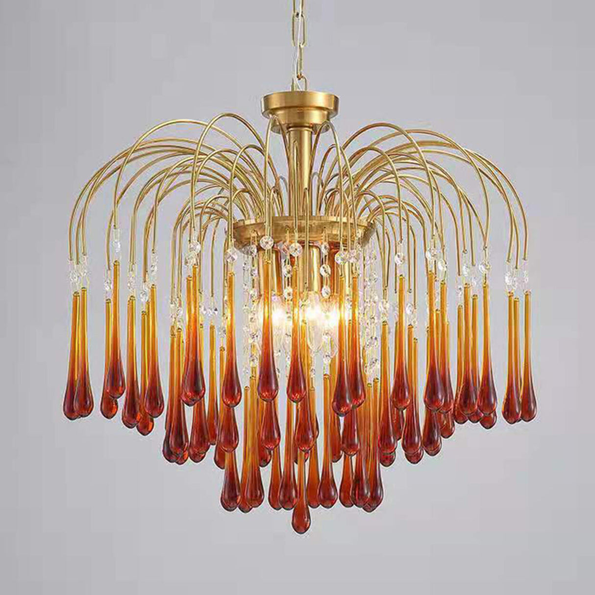 Luxury Gold Amber Glass Teardrop Cascading Chandelier Image - 18