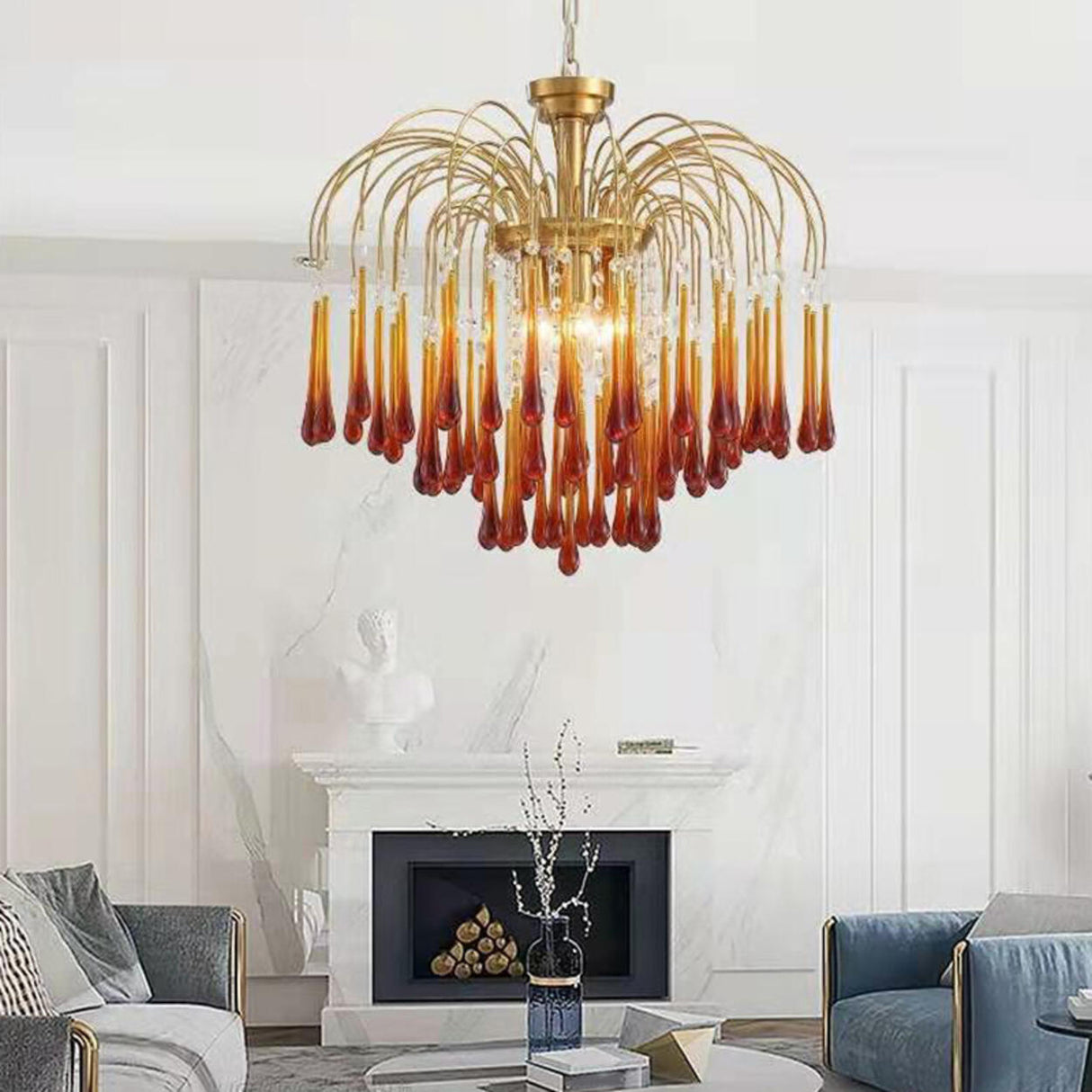 Luxury Gold Amber Glass Teardrop Cascading Chandelier Image - 19