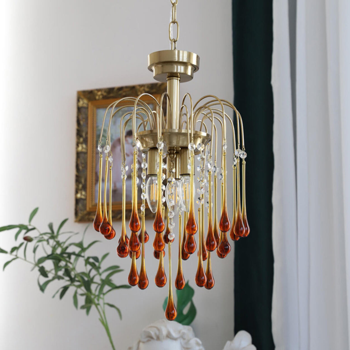 Luxury Gold Amber Glass Teardrop Cascading Chandelier Image - 2