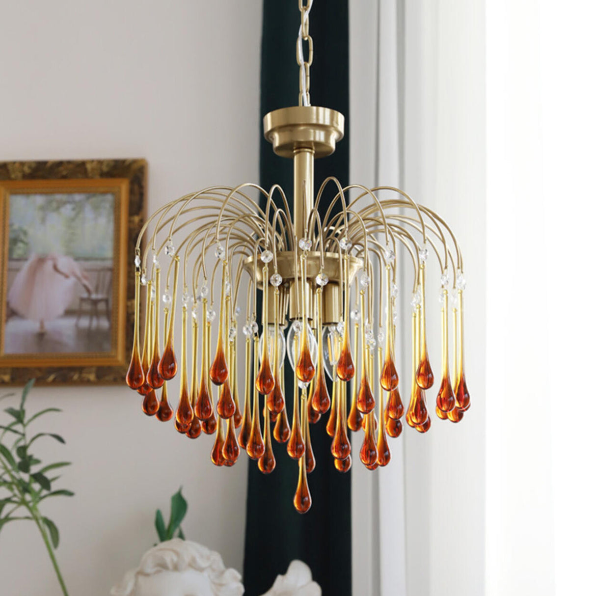 Luxury Gold Amber Glass Teardrop Cascading Chandelier Image - 8