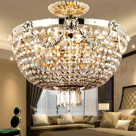 Luxury Gold Bowl-Shaped Crystal Semi-Flush Mount Light Image - 1