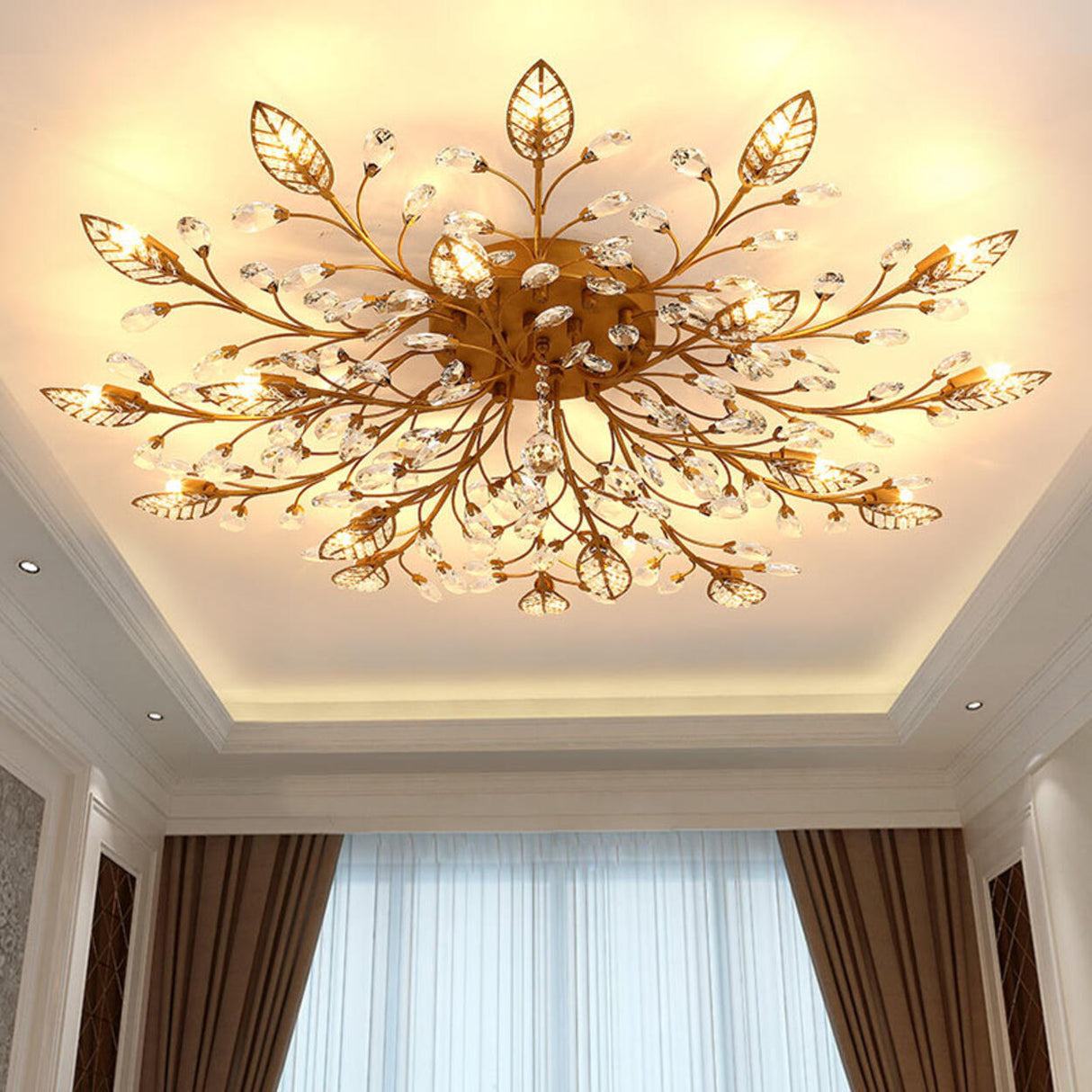 Luxury Gold Branch Leaf Crystal Semi-Flush Mount Light Image - 1