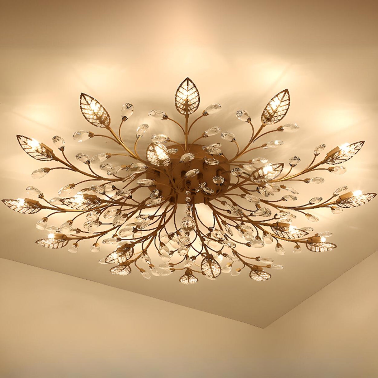 Luxury Gold Branch Leaf Crystal Semi-Flush Mount Light Image - 15