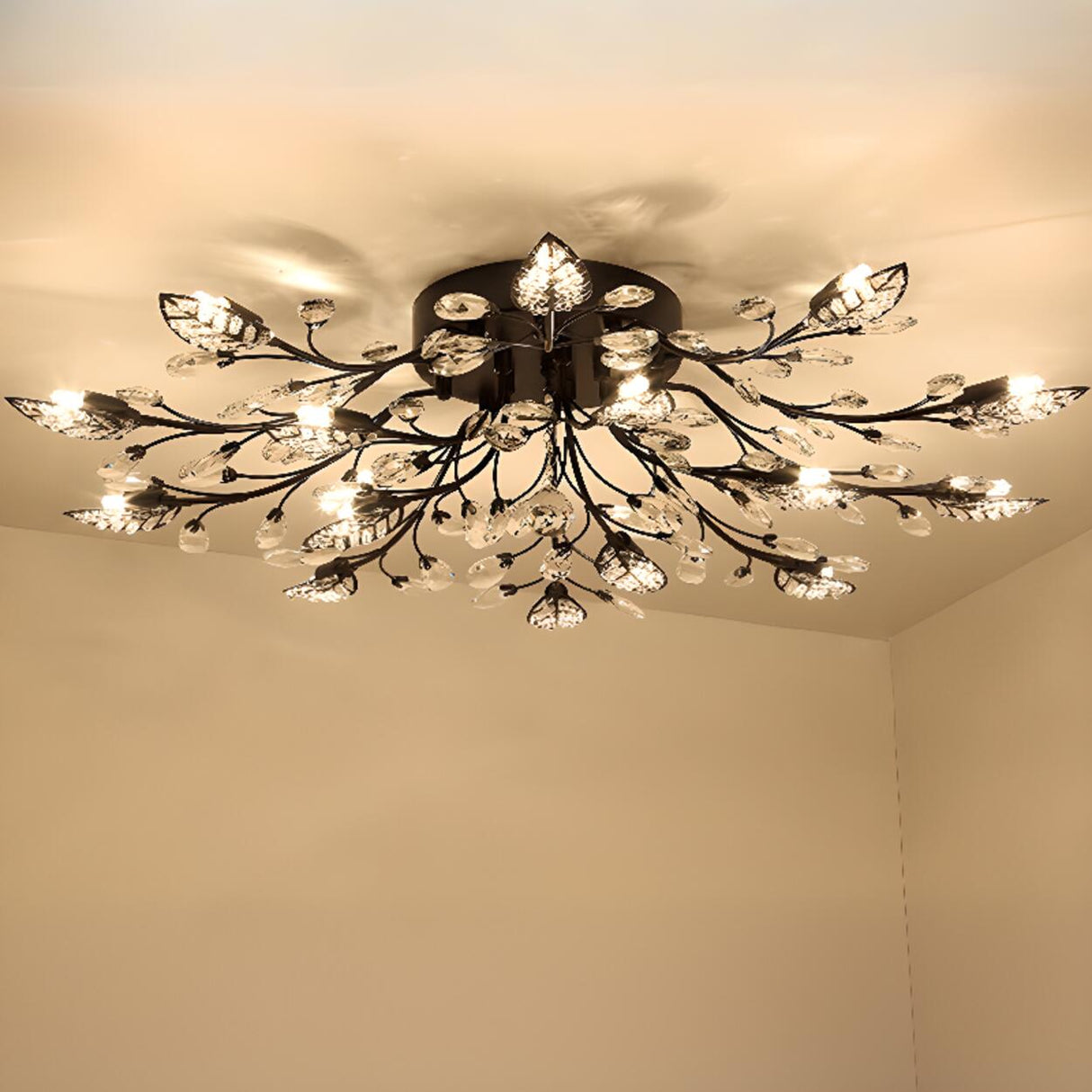 Luxury Gold Branch Leaf Crystal Semi-Flush Mount Light Image - 9