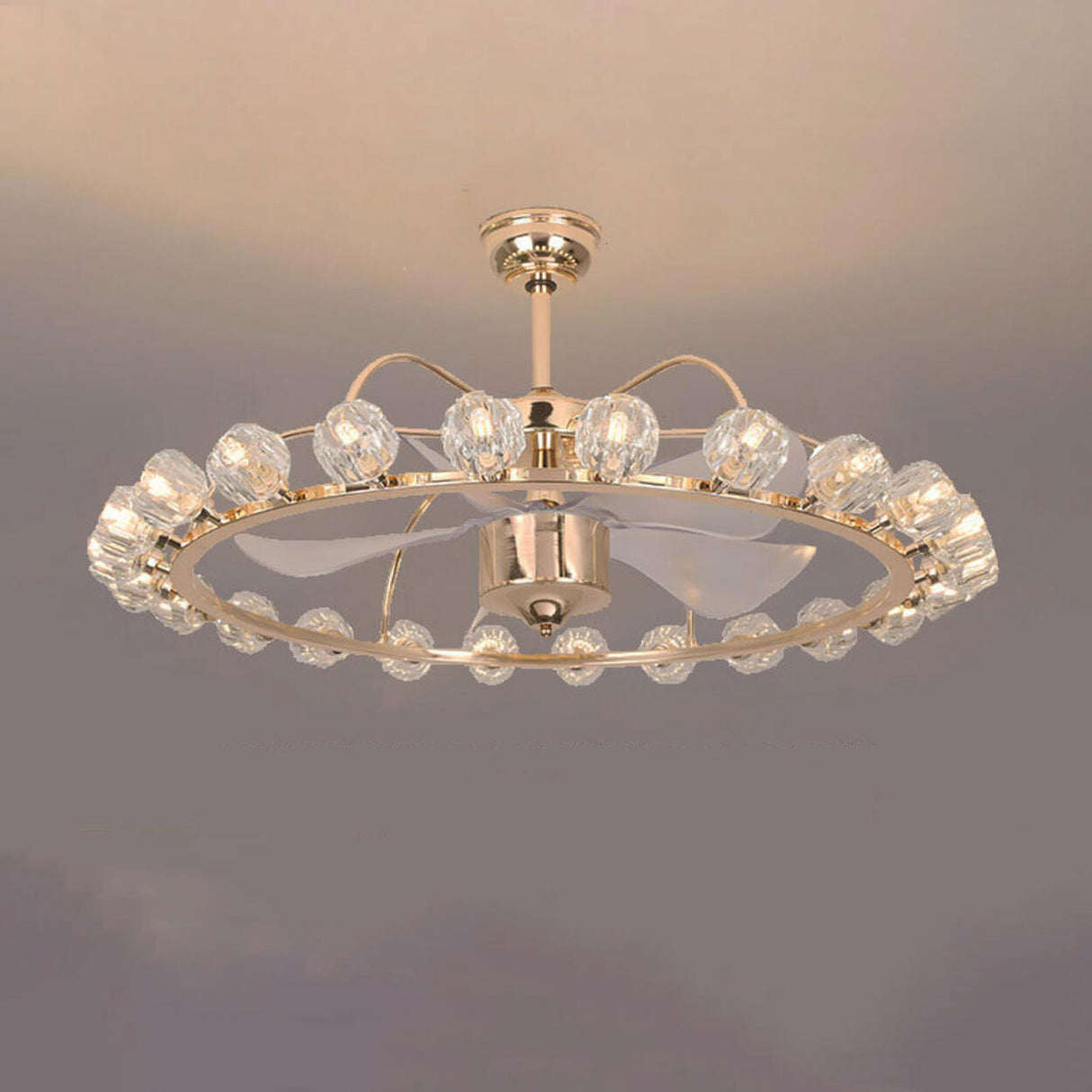 Luxury Gold Circle Crystal Shades Ceiling Fan Lights Image - 10