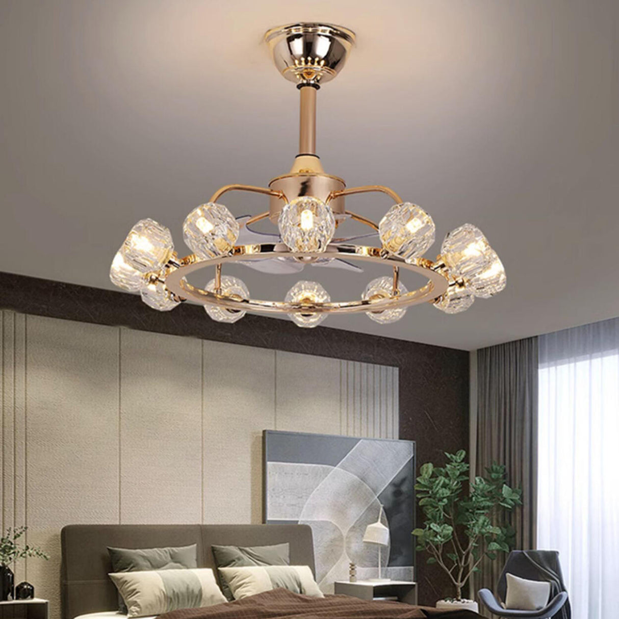 Luxury Gold Circle Crystal Shades Ceiling Fan Lights Image - 2