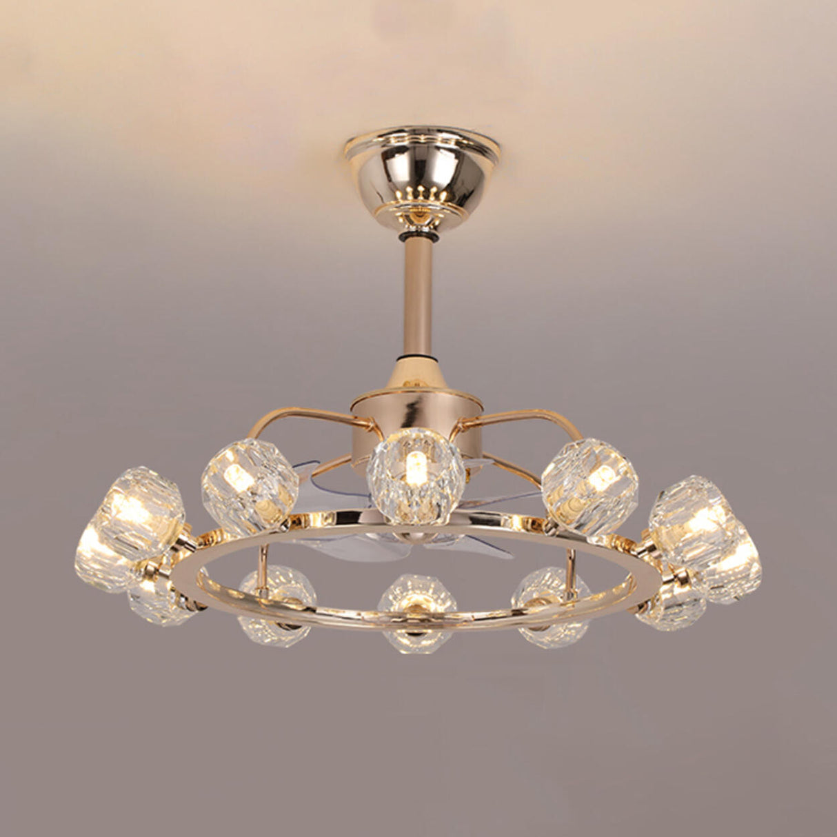 Luxury Gold Circle Crystal Shades Ceiling Fan Lights Image - 7