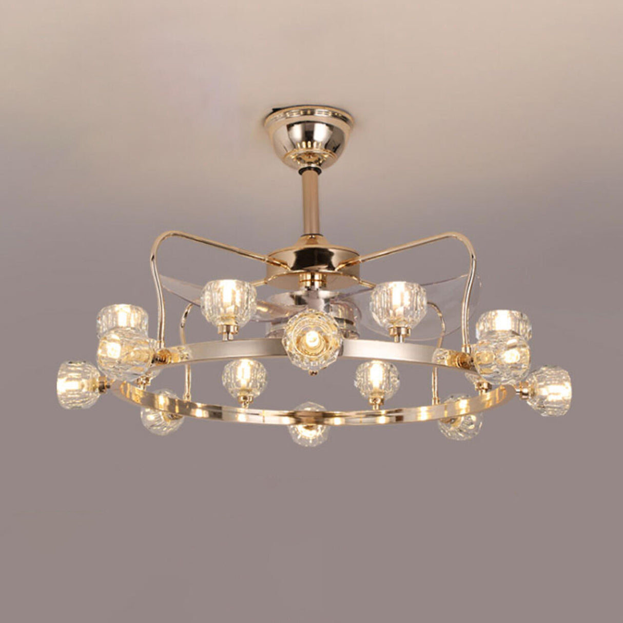 Luxury Gold Circle Crystal Shades Ceiling Fan Lights Image - 8