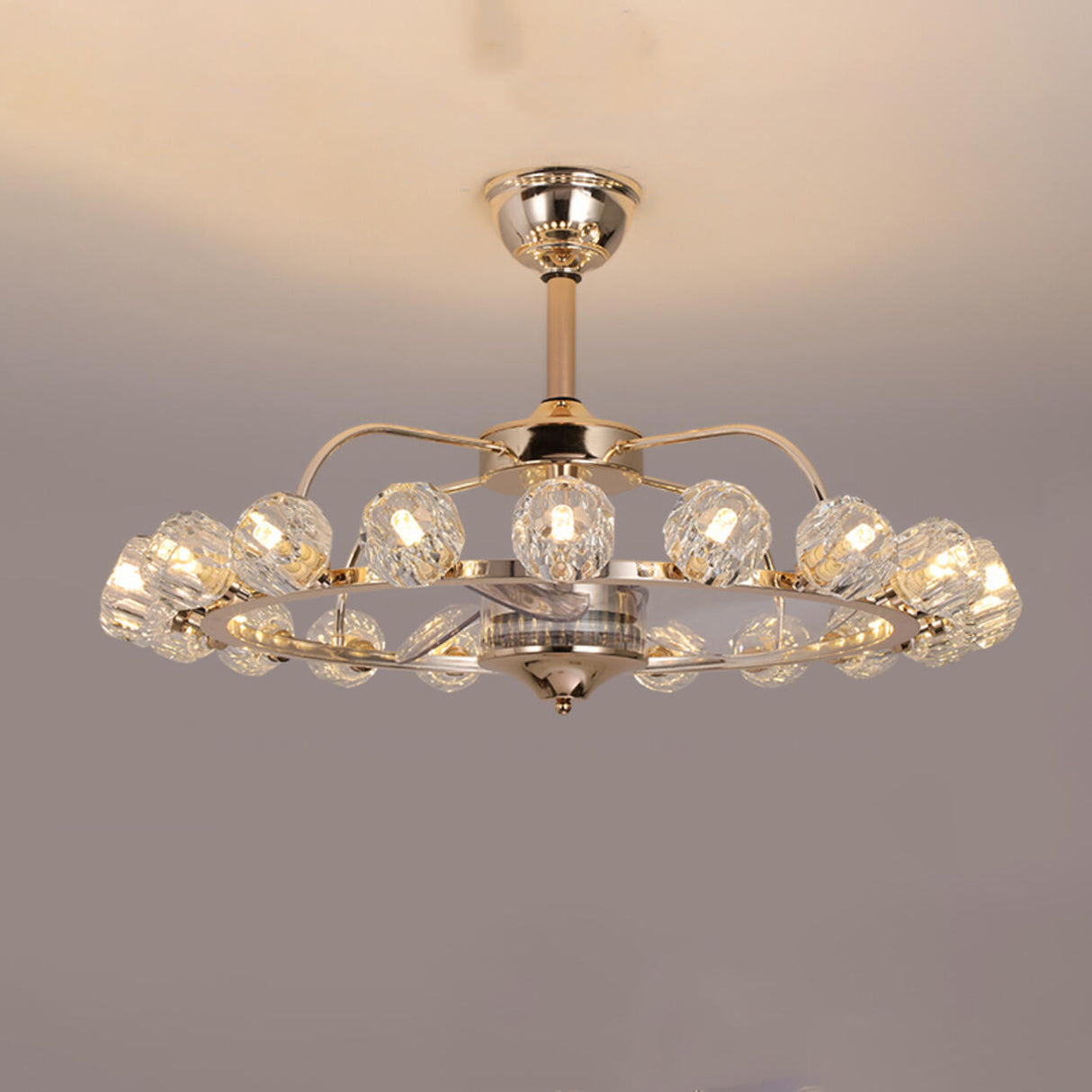 Luxury Gold Circle Crystal Shades Ceiling Fan Lights Image - 9