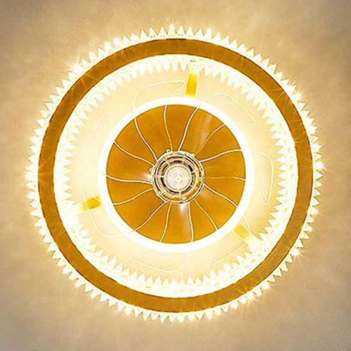 Luxury Gold Circular Crystal Flush Ceiling Fan Light Image - 10