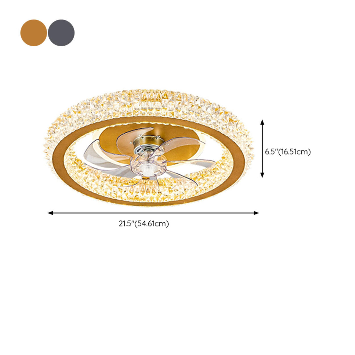 Luxury Gold Circular Crystal Flush Ceiling Fan Light 